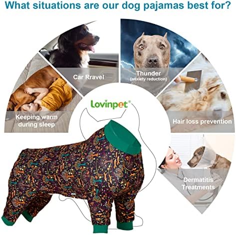 Îmbrăcăminte pentru câini mari LovinPet-țesătură elastică ușoară confortabilă, Pijamale pentru câini cu imprimeu norvegian Woods, protecție UV, ținută de recuperare chirurgicală pentru câini, haine adorabile pentru câini ușor de purtat, Maro Albastru M