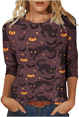 Femei Halloween moda imprimate Vrac T-Shirt Mid-lungime 3/4 mâneci bluza rotund gat Casual Pulover Topuri