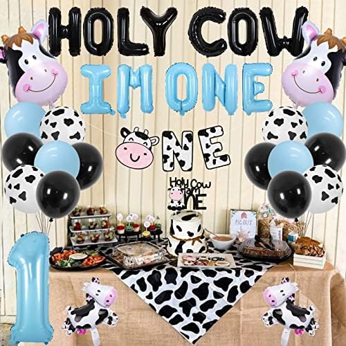 Holy Cow I ' m one Birthday Decorations for Boy Blue Cow 1st Party Supplies balon tort Topper scaun înalt Banner pentru animale