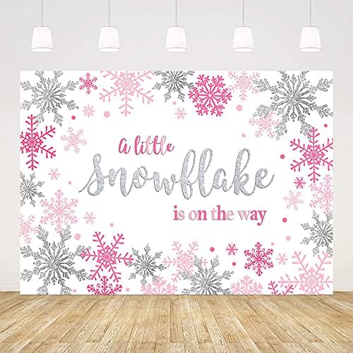 Ablin 7x5ft de iarnă fulgi de zăpadă fundal de duș pentru bebeluși Un mic fulg de zăpadă este pe drum argintiu roz fulgi de