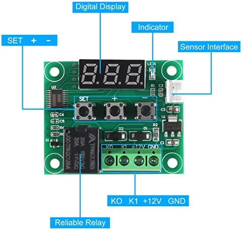 Diann 5PCS W1209 Controller de temperatură DC 12V LCD Afișare Blue Termostat digital Modul cu sondă NTC impermeabilă