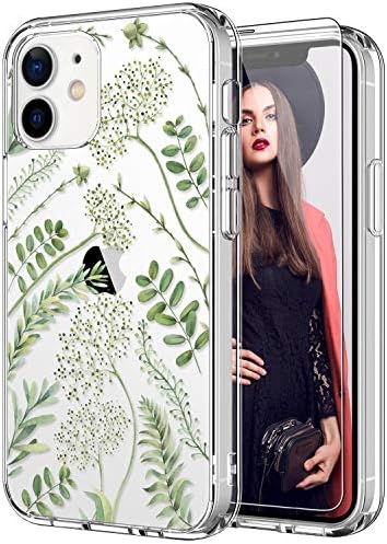 Icedio pentru iPhone 12 mini carcasă cu protector de ecran, limpede cu modele de flori verzi drăguțe pentru femei pentru fete,