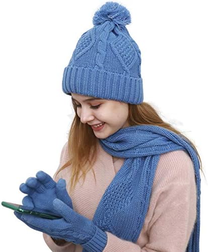 Set de pălărie cu mănușă cu eșarfă caldă - tricot prin cablu set cadou de iarnă set de capac pom ecran tactil Glove eșarfă