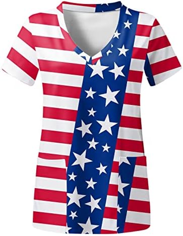 4 iulie tee Shirt pentru femei Statele Unite ale Americii Pavilion vara maneca scurta V-Neck Tee Shirt cu 2 buzunare Bluze