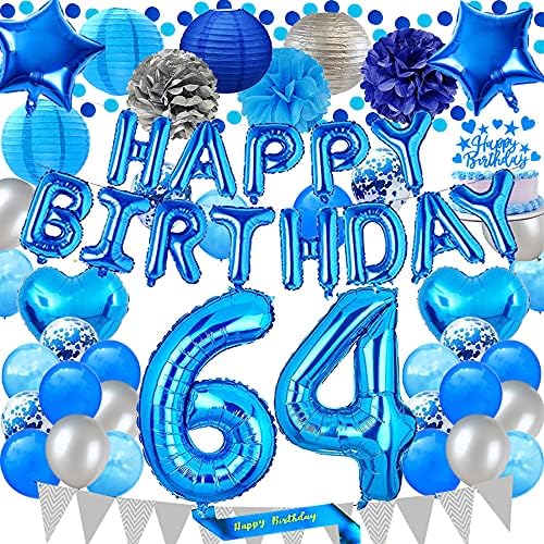 Santonila Blue 64th Birthday Decorații la mulți ani Bănsă Banner Sash and Cake Topper Number 64 Balloons Lanterne de hârtie