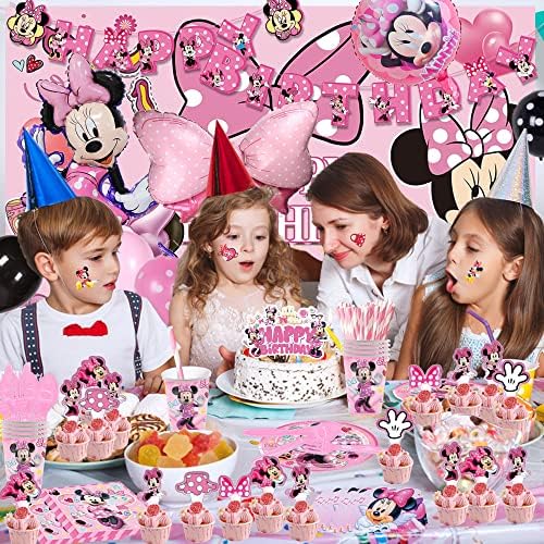 222 buc roz Mouse Birthday Decorations Party Supplies servește 10 oaspeți cu Banner Mouse, fundal, Topper pentru tort, față