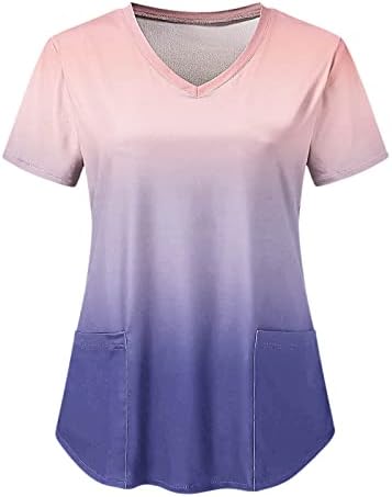 Bluze Dressy pentru femei vara Gradient imprimate Vrac maneca scurta buzunar confortabil zilnic T-Shirt Scrub Topuri