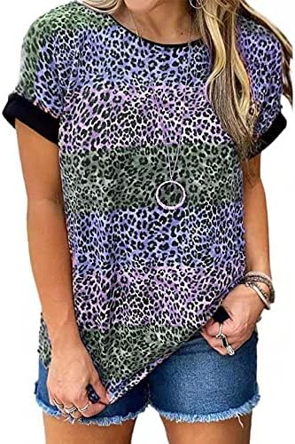 Tricouri scurte pentru femei Casual Leopard imprimare Despicare buzunar Vrac V-Neck maneca scurta Top vara antrenament Tees